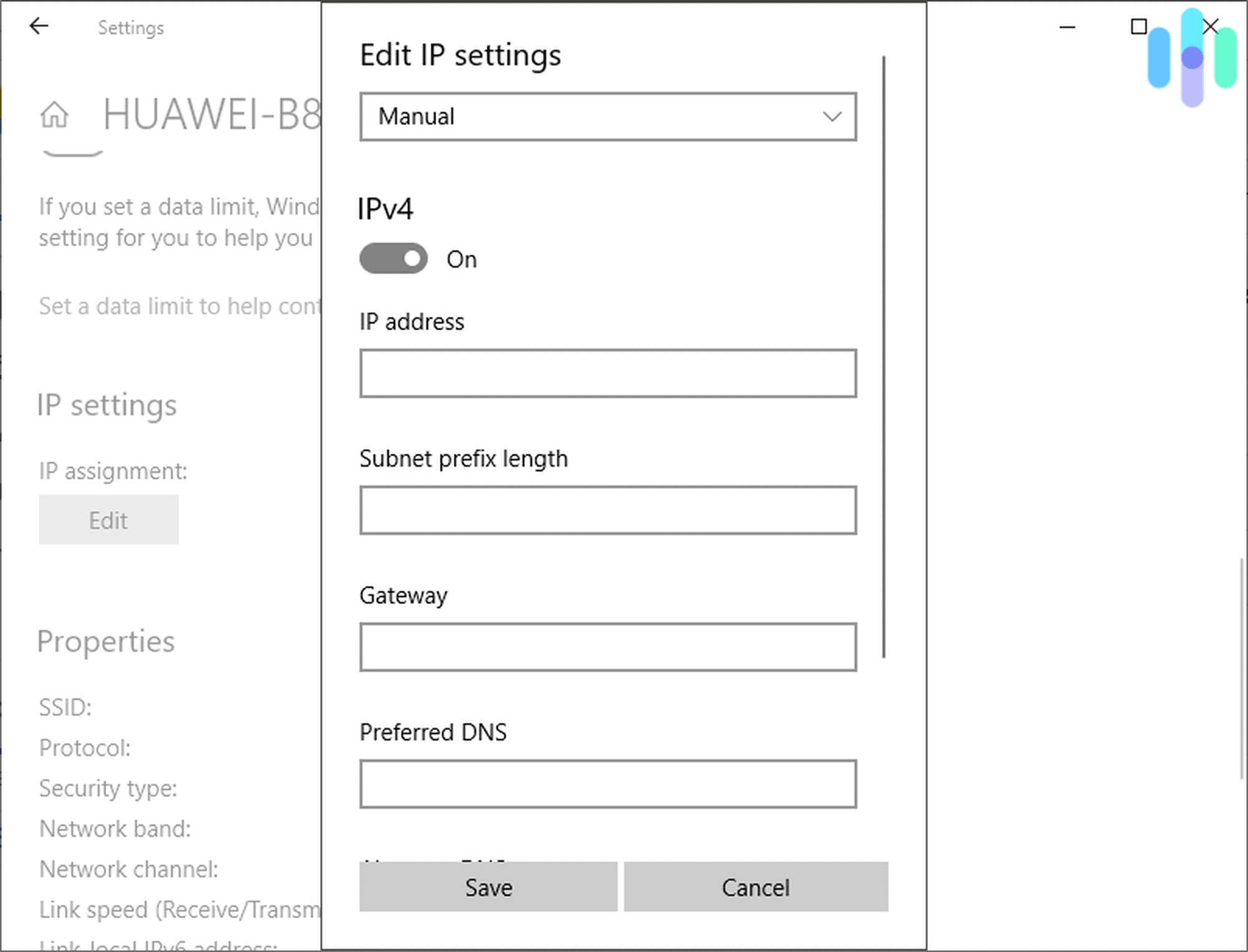 Changing Your IP - On Windows, Turn on IPv4 and fill out the fields IP address, Subnet prefix length, and Gateway. Hit Save when you're done Changing Your IP - On Windows, Turn on IPv4 and fill out the fields IP address, Subnet prefix length, and Gateway. Hit Save when you're done