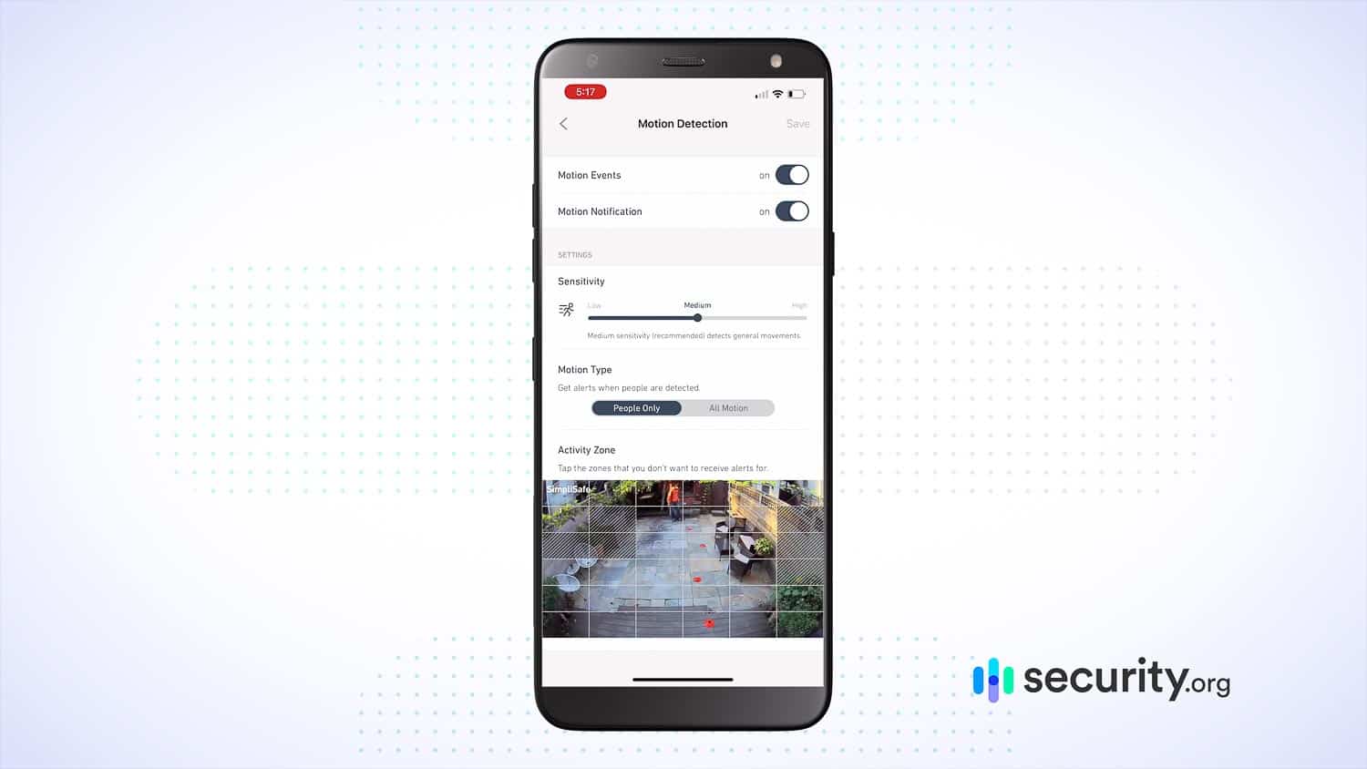 SimpliSafe app’s motion detection settings SimpliSafe app's motion detection settings