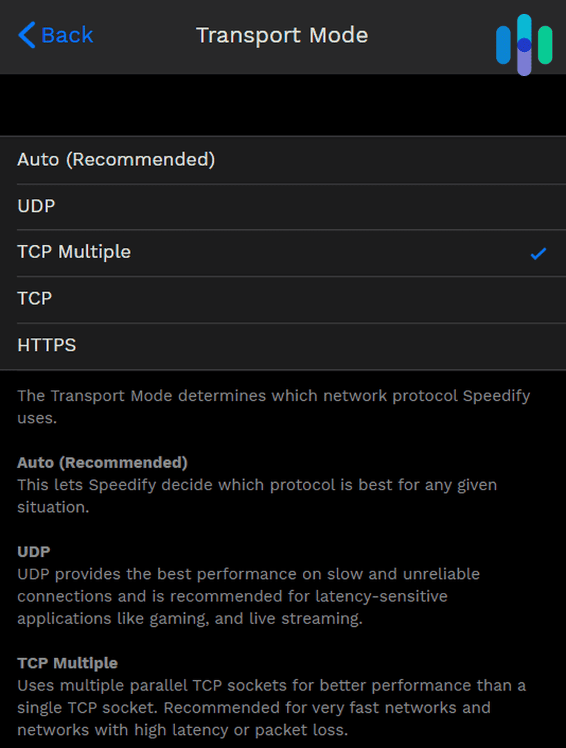 Speedify’s Transport Mode set to TCP Multiple Speedify’s Transport Mode set to TCP Multiple