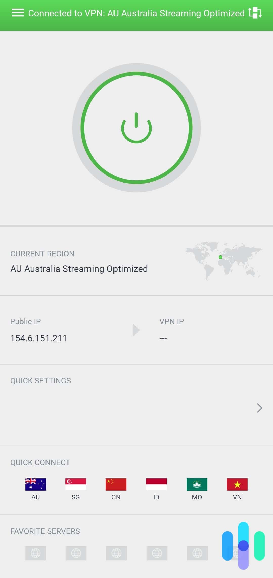 Connected to Australia with the Private Internet Access Android app Connected to Australia with the Private Internet Access Android app