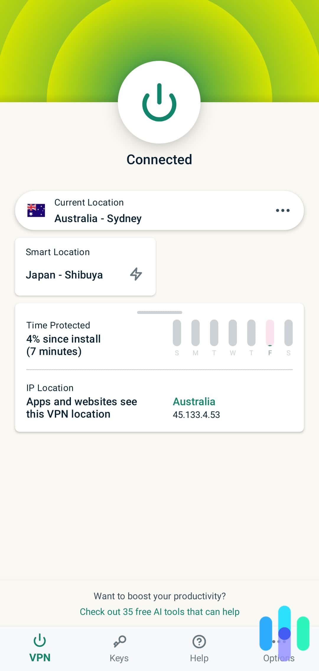 ExpressVPN Android app connected to Sydney, Australia ExpressVPN Android app connected to Sydney, Australia