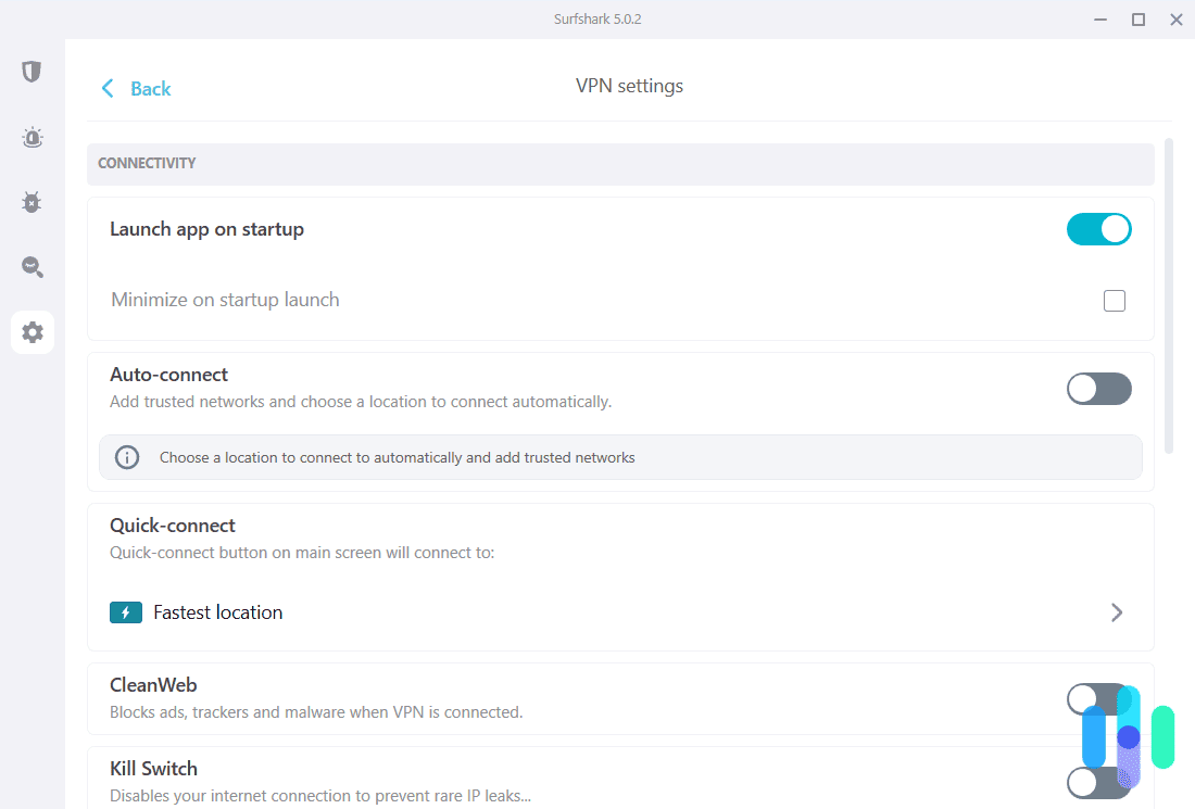 Surfshark add-on features in the Settings menu Surfshark add-on features in the Settings menu