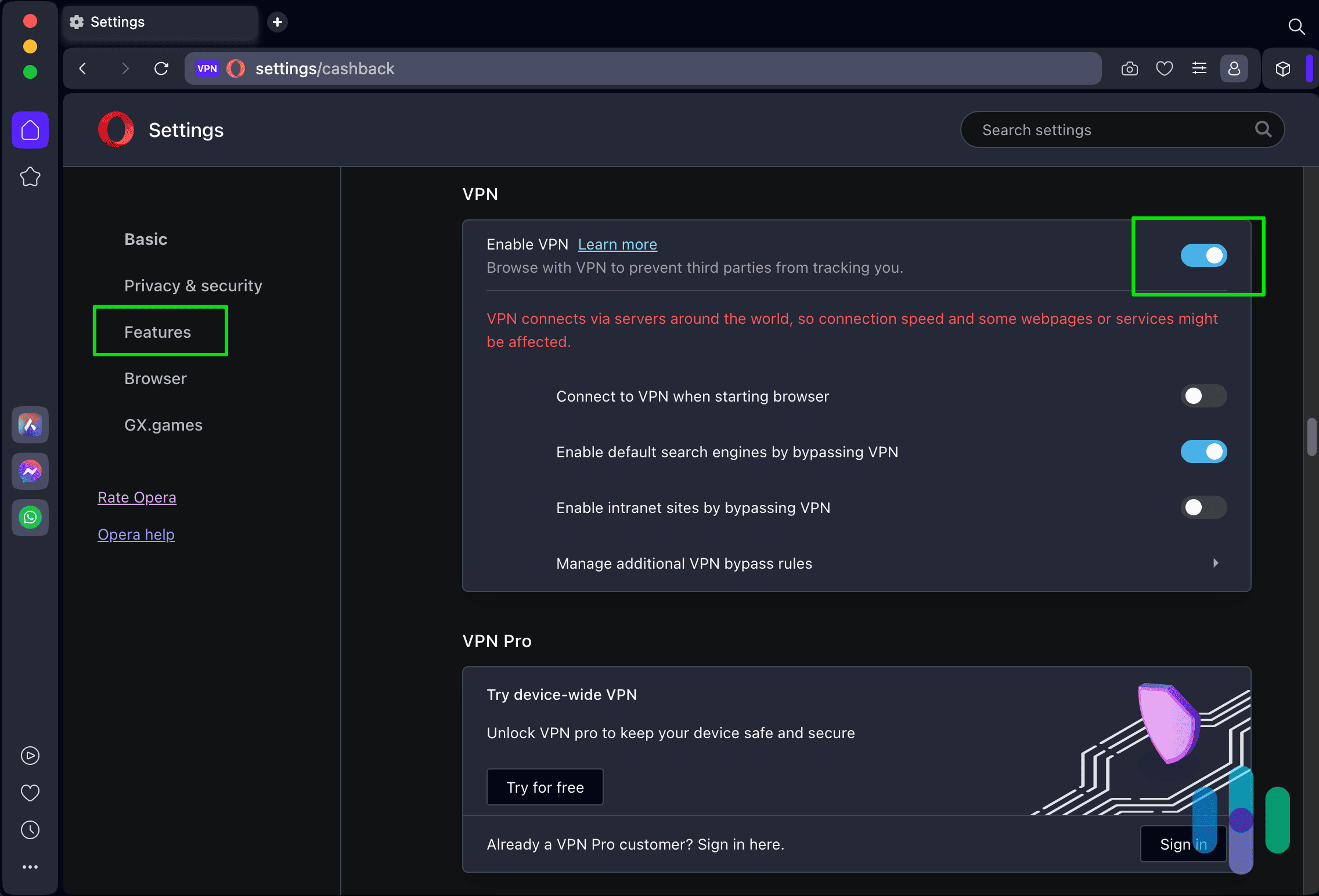 Activating a VPN to Change Location Activating Opera's VPN to Change Location