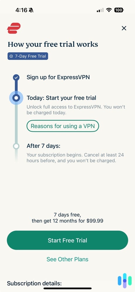 Setting up a 7-day free trial with the ExpressVPN App Setting up a 7-day free trial with the ExpressVPN App