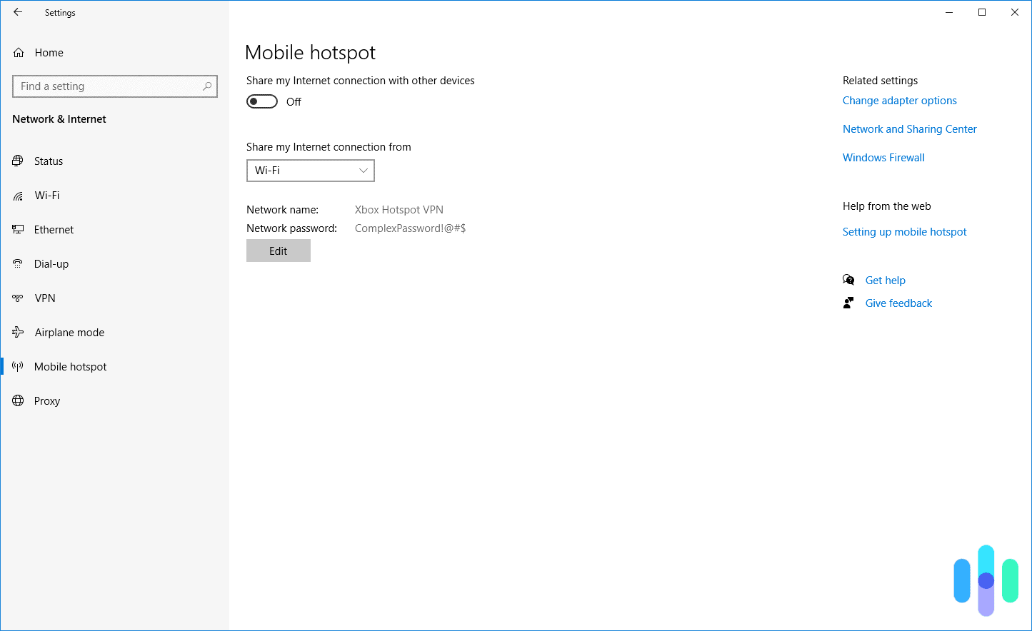 Mobile hotspot settings on Windows Mobile hotspot settings on Windows