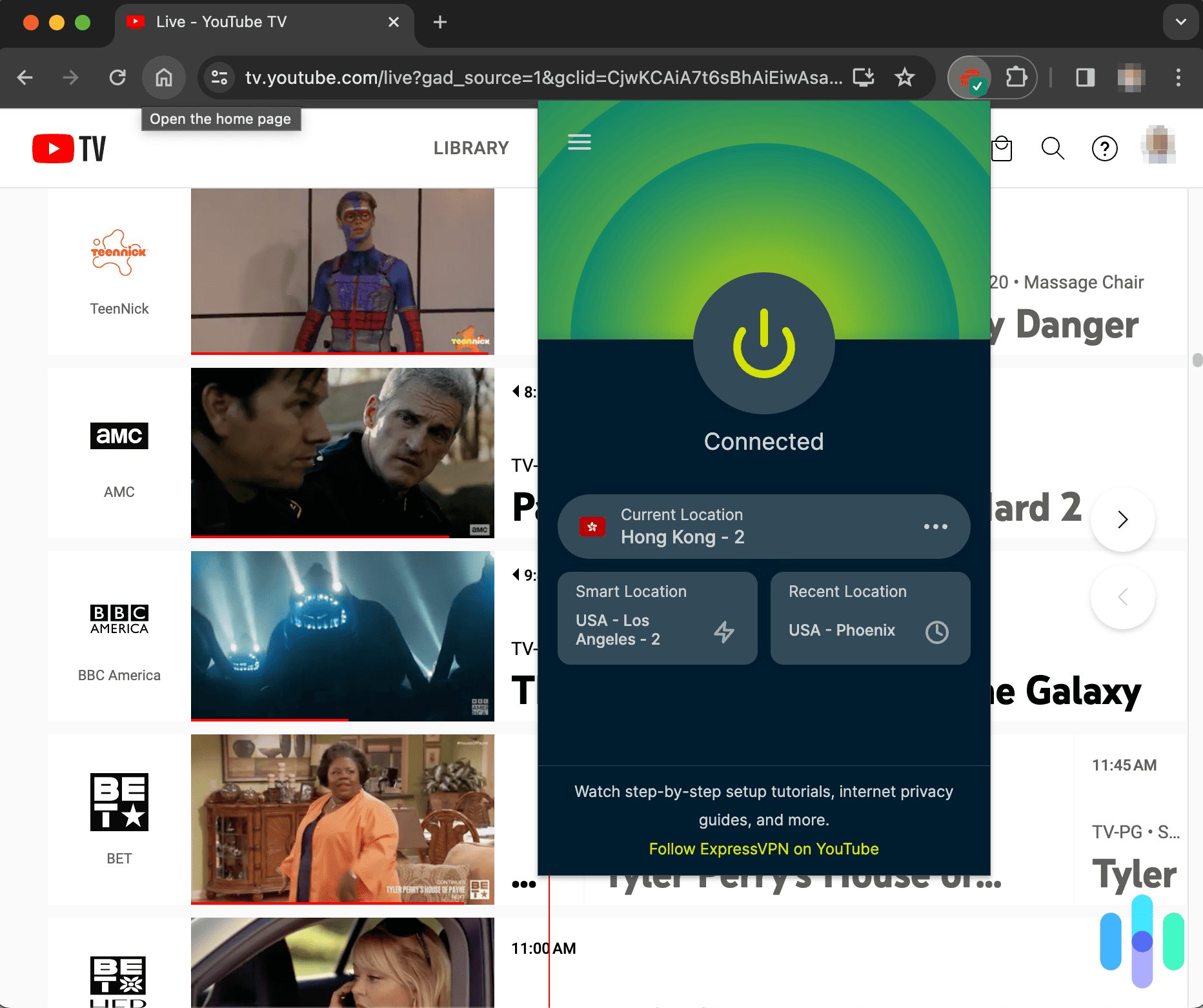 ExpressVPN with the Chrome extension connected to Hong Kong while on YouTube TV ExpressVPN with the Chrome extension connected to Hong Kong while on YouTube TV