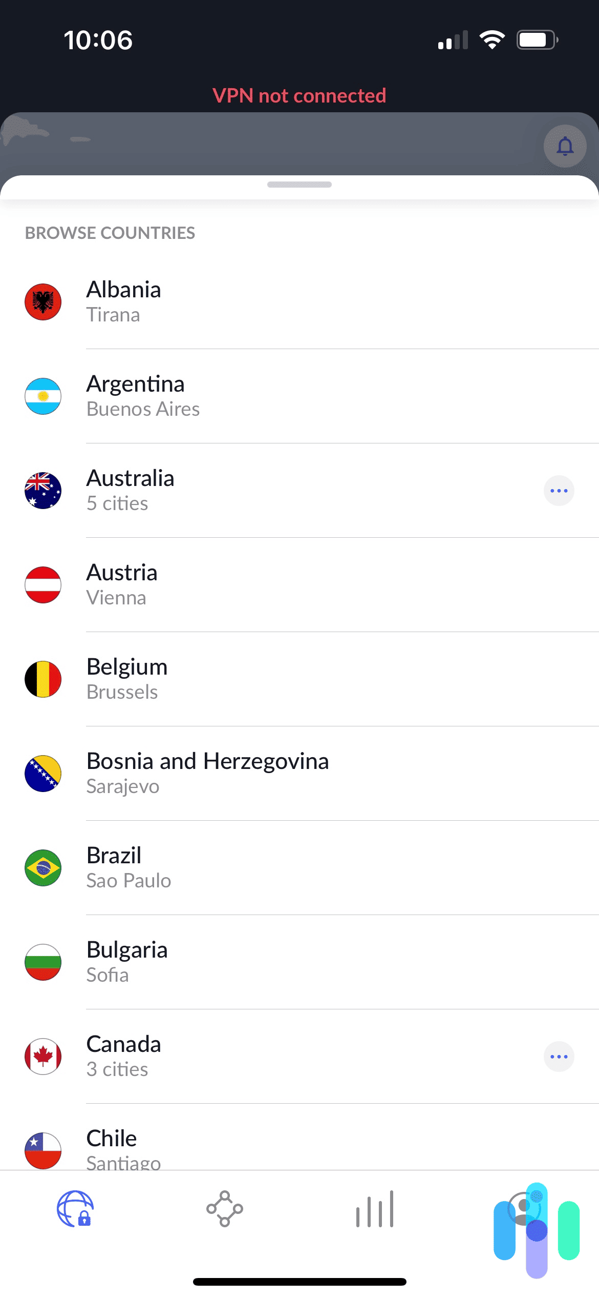NordVPN Country Browser on iPhone NordVPN Country Browser on iPhone