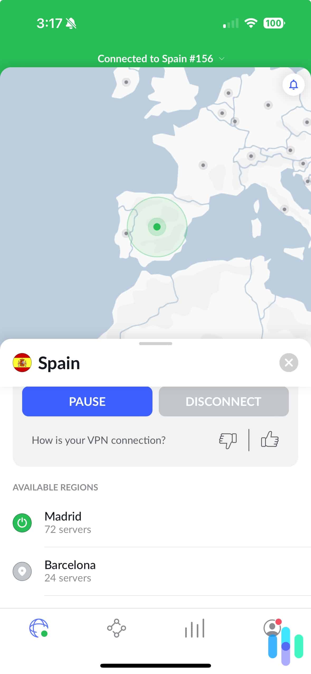 NordVPN iOS app connected to Madrid, Spain NordVPN iOS app connected to Madrid, Spain