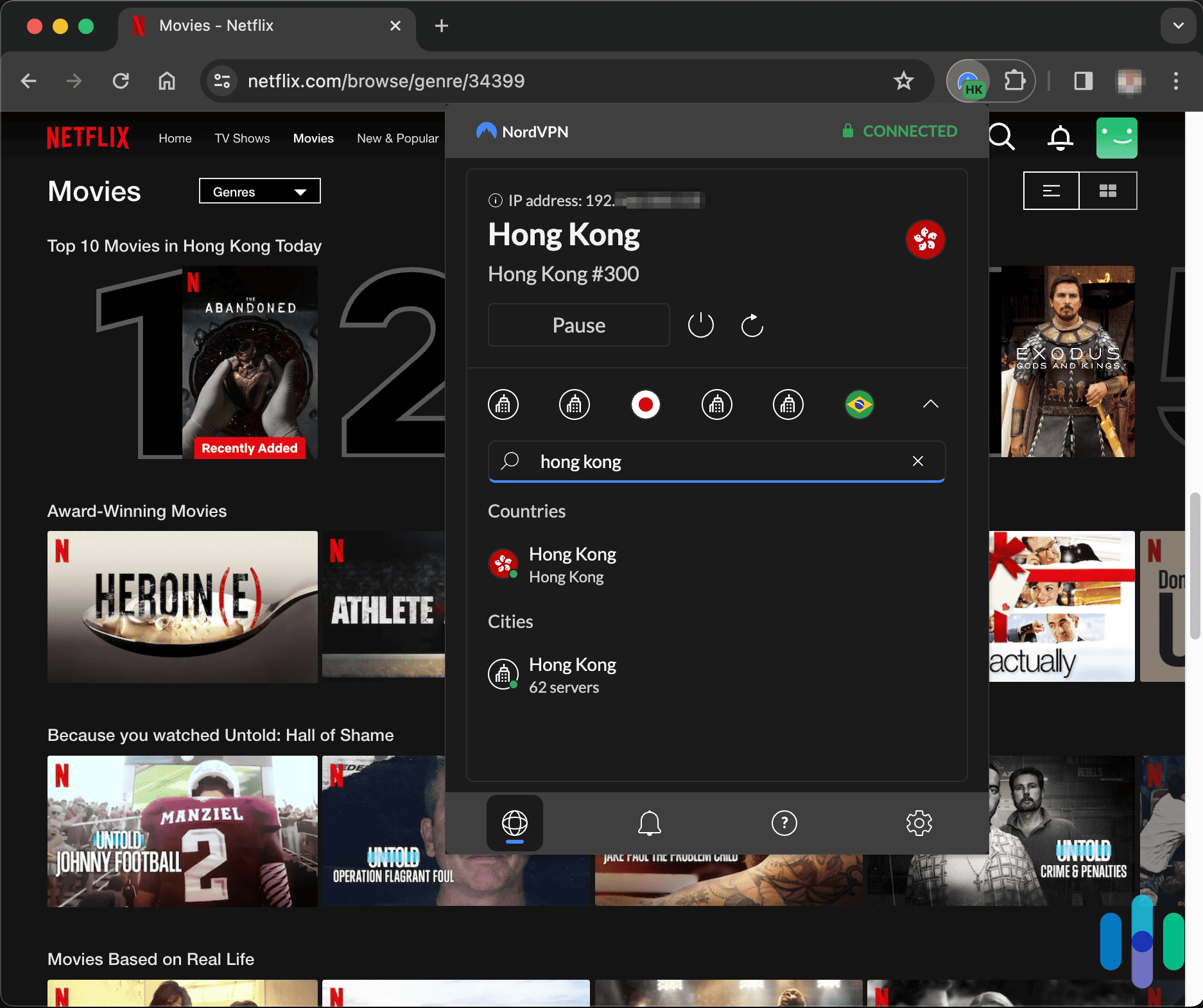 NordVPN with the Chrome extension connected to Hong Kong while on Netflix NordVPN with the Chrome extension connected to Hong Kong while on Netflix