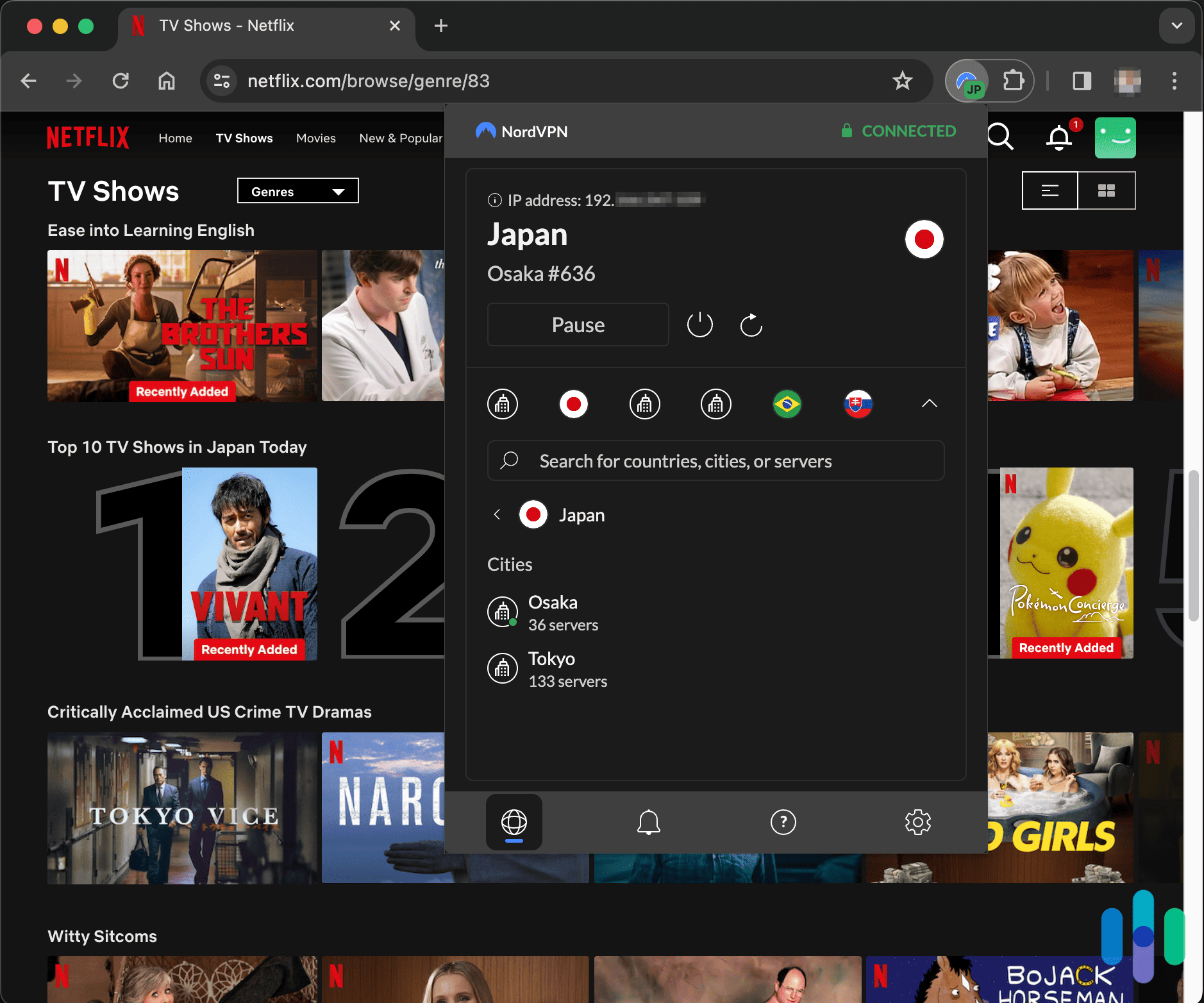 NordVPN Chrome app connected to Osaka, Japan while looking at Netflix NordVPN Chrome app connected to Osaka, Japan while looking at Netflix