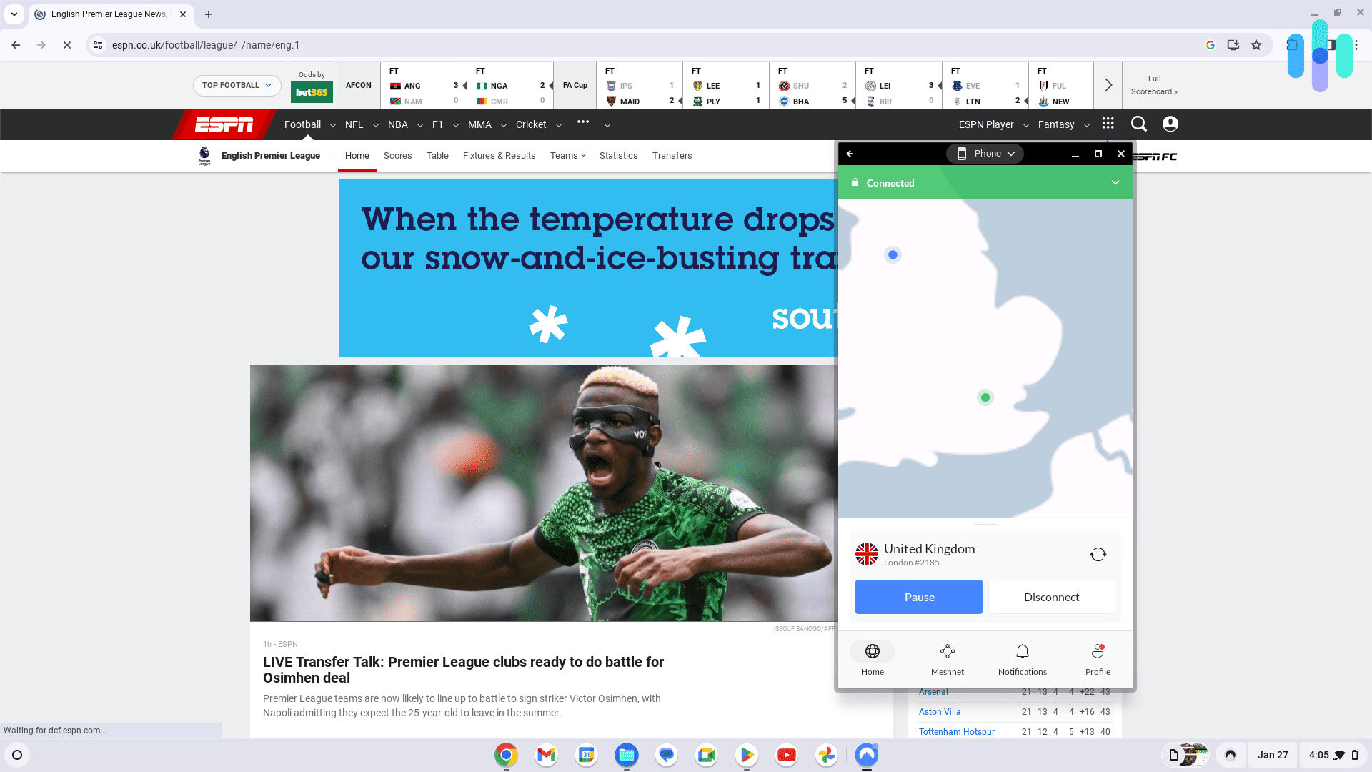 On a Chromebook, testing NordVPN connected to the UK viewing ESPN.co.uk content On a Chromebook, testing NordVPN connected to the UK viewing ESPN.co.uk content