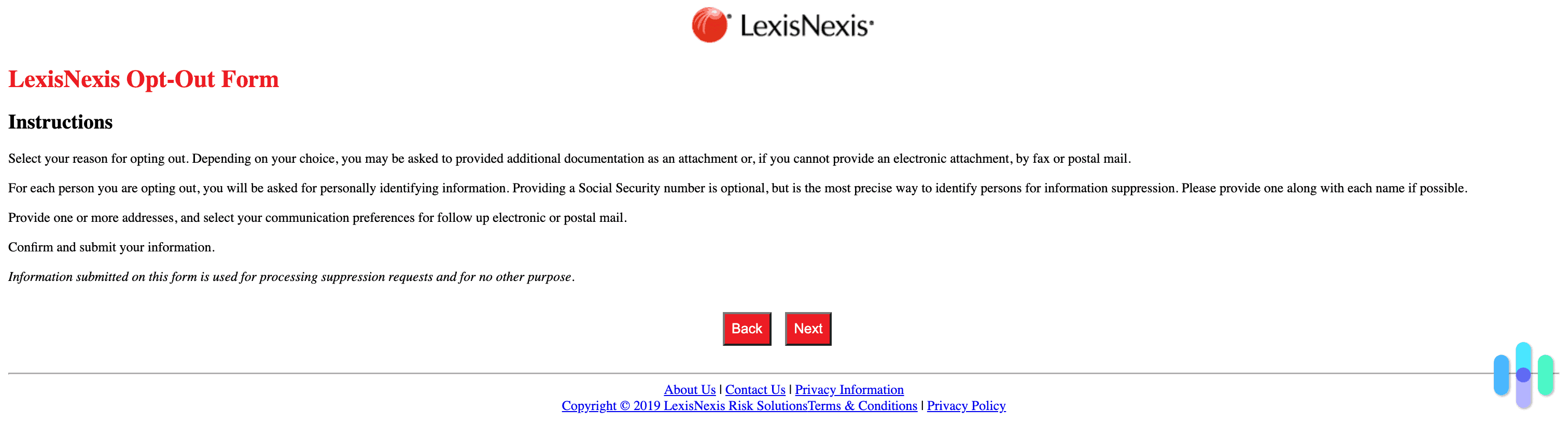 The LexisNexis opt out form instructions The LexisNexis opt out form instructions