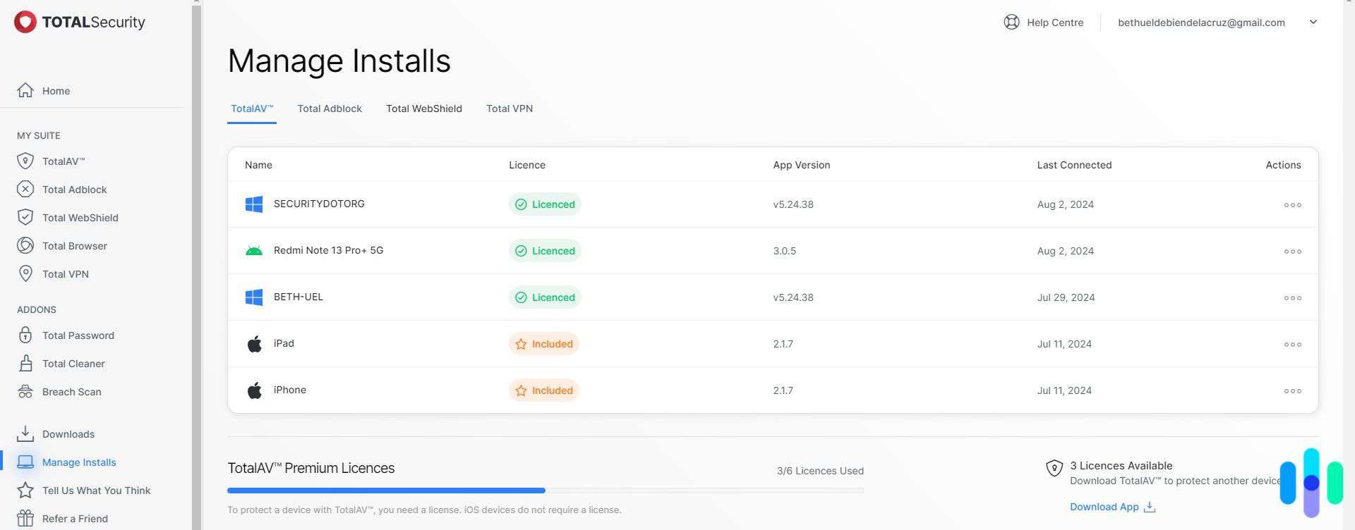 Here s our TotalAV dashboard that shows that shows the devices on which we installed TotalAV; the iPad and iPhone were not counted against our device limit Here s our TotalAV dashboard that shows that shows the devices on which we installed TotalAV; the iPad and iPhone were not counted against our device limit