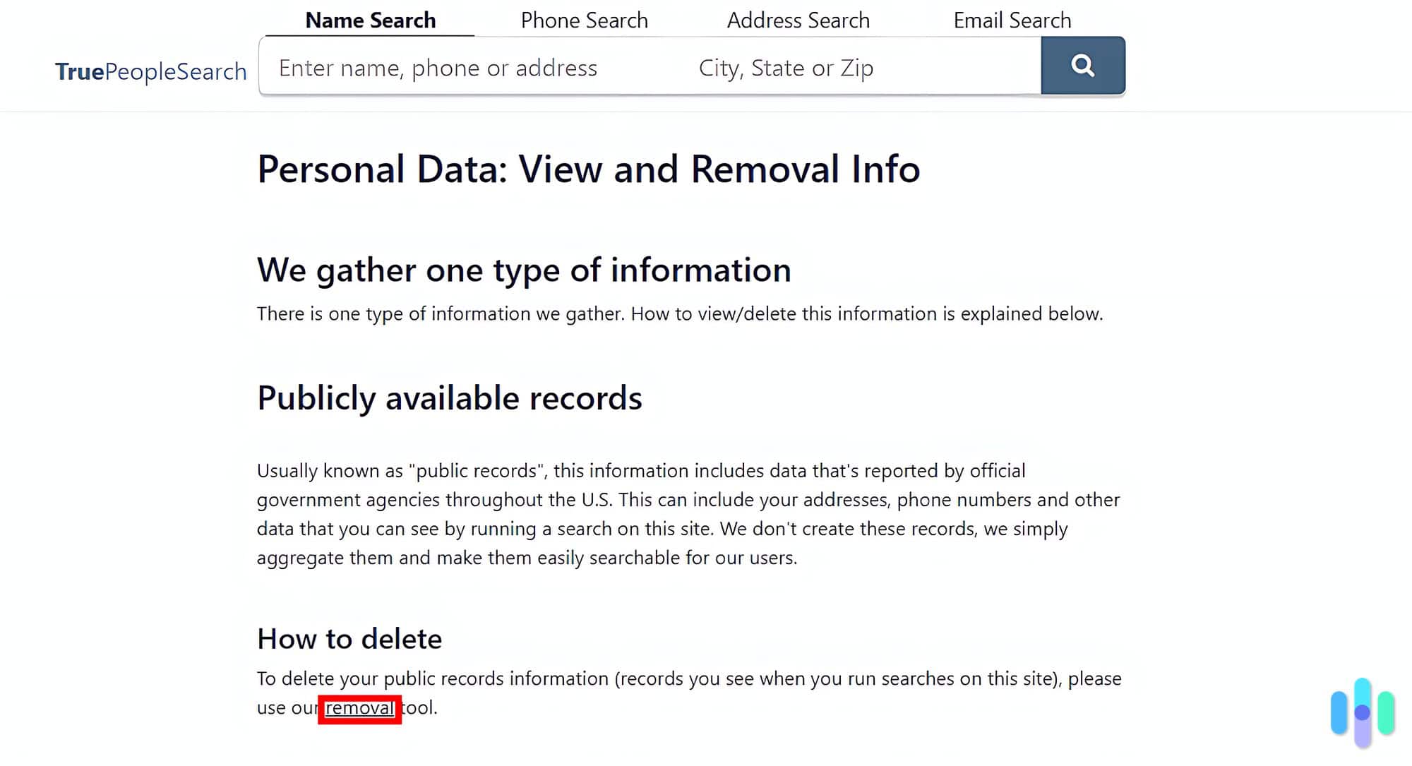 Click the highlighted link to access TruePeopleSearch.com’s data removal tool. Click the highlighted link to access TruePeopleSearch.com’s data removal tool.