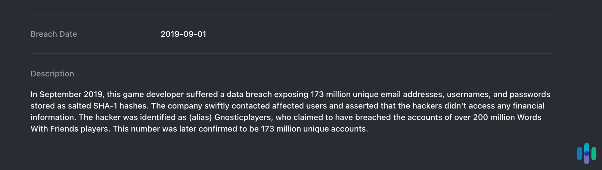 One of the descriptions from NordPass’ data breach scanner One of the descriptions from NordPass’ data breach scanner