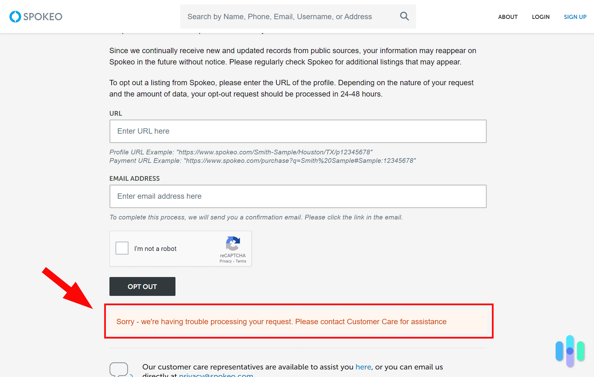 Spokeo failed to process our first request to opt-out. Spokeo failed to process our first request to opt-out.
