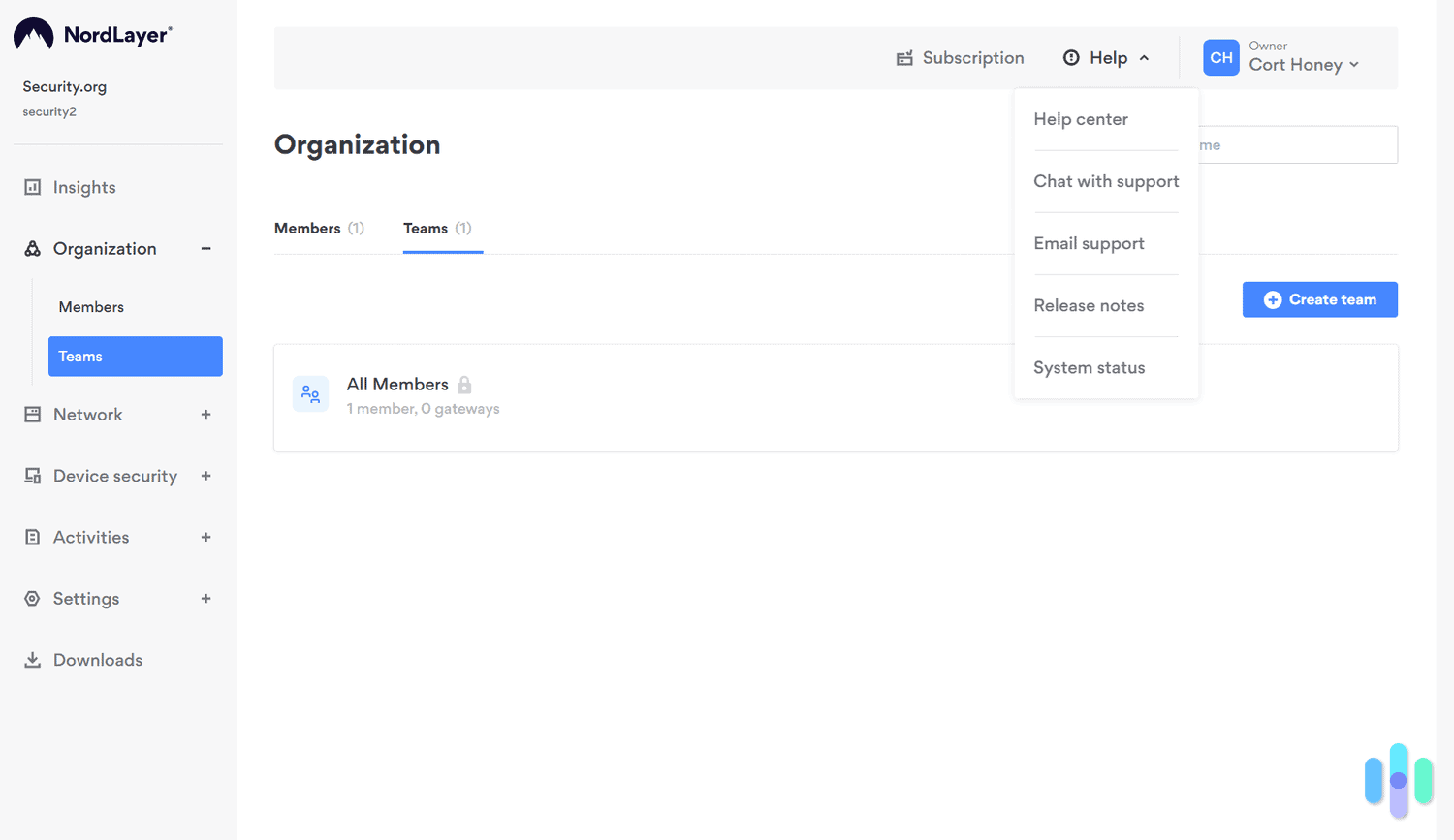 Access to NordLayer’s support is available from any page on the dashboard right at the top. Access to NordLayer’s support is available from any page on the dashboard right at the top.
