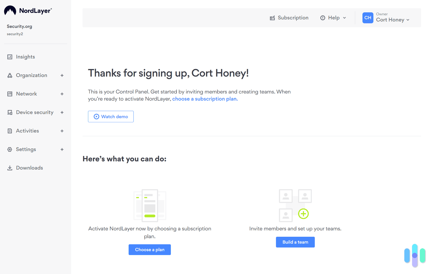 Here’s what our NordLayer dashboard looked like after signing up. Here’s what our NordLayer dashboard looked like after signing up.