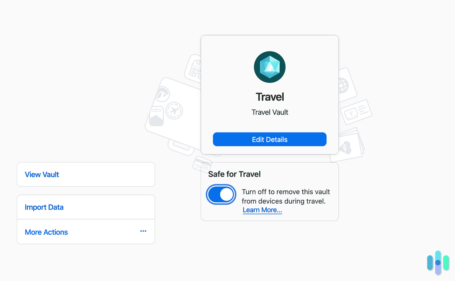 Setting up a special, secure vault for when we travel overseas We appreciate the intuitive dashboard for using 1Password’s Travel Vault.