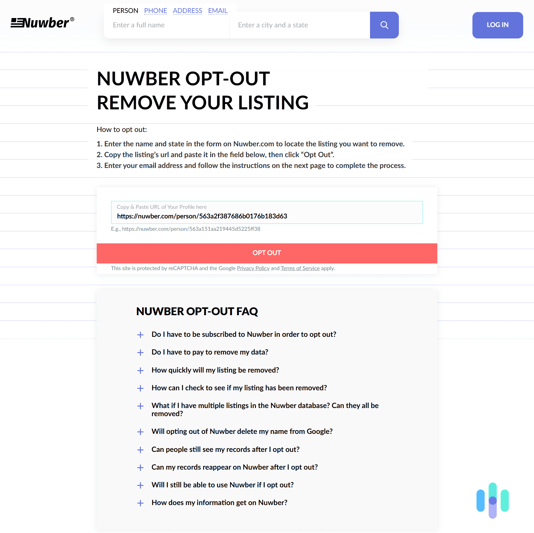 Copy-paste the Nuwber profile link in the link field, and click the red opt-out button. Copy-paste the Nuwber profile link in the link field, and click the red opt-out button.