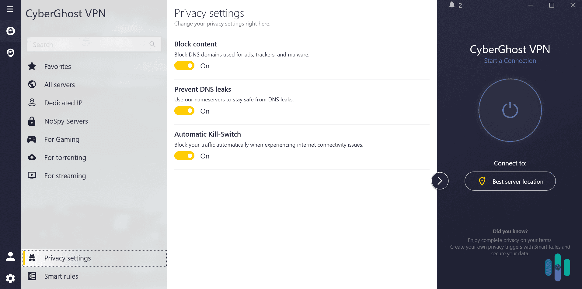 CyberGhost VPN provides in-app explanations for all features and settings, which we find very helpful. (1) CyberGhost VPN provides in-app explanations for all features and settings, which we find very helpful.
