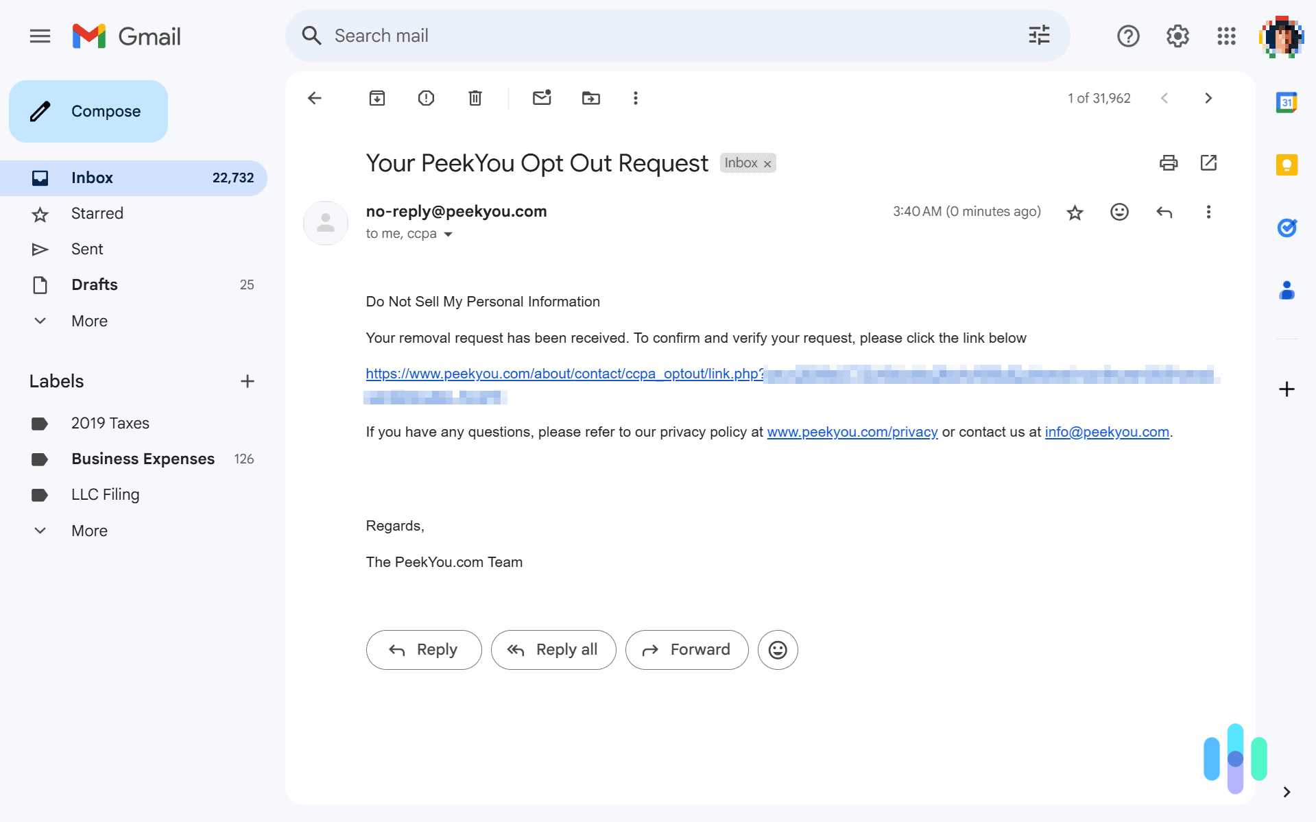 Here’s the email PeekYou sent us to confirm our opt out request. Here’s the email PeekYou sent us to confirm our opt out request.
