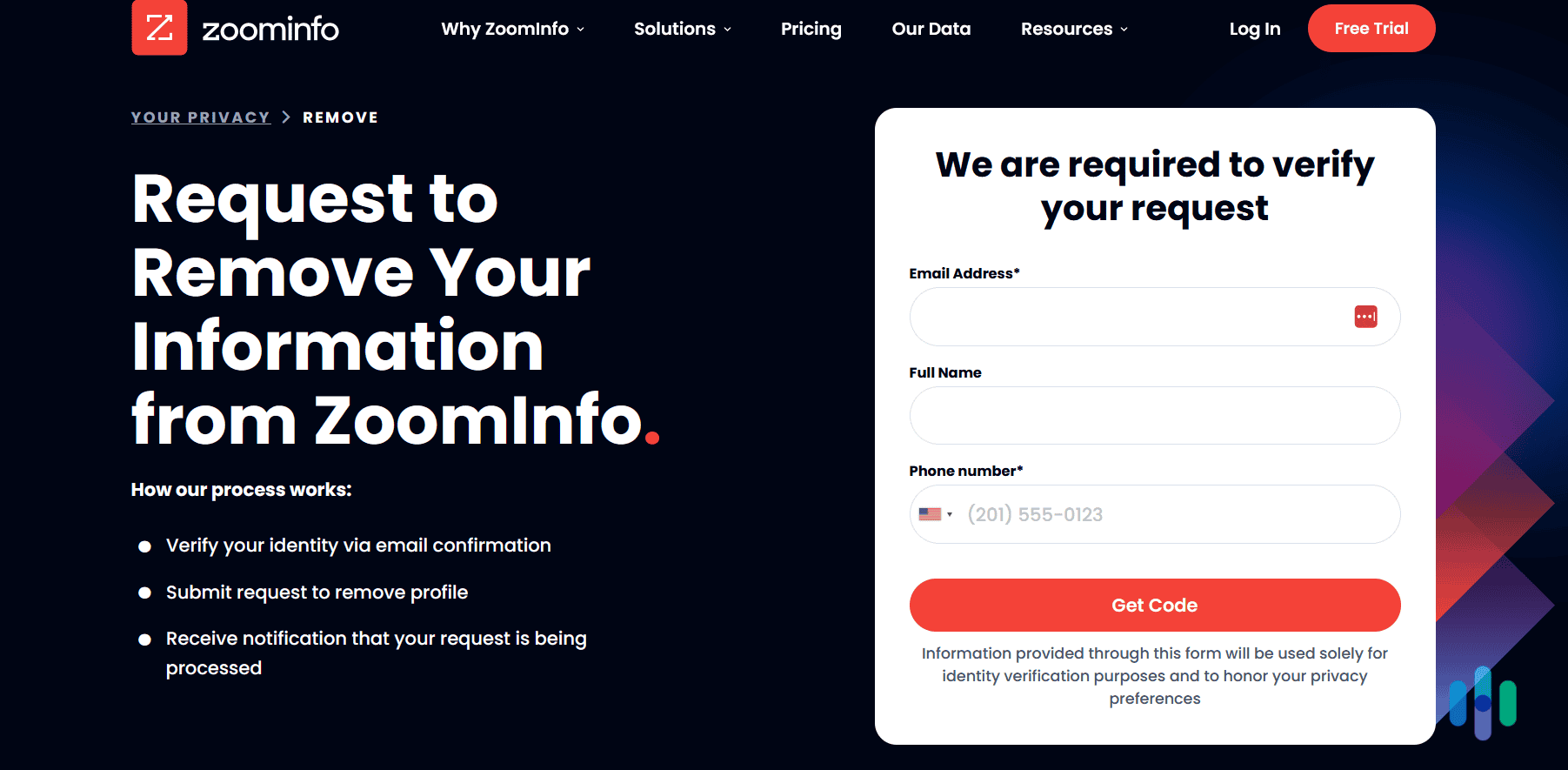 The removal request page on the Zoominfo site The removal request page on the ZoomInfo site
