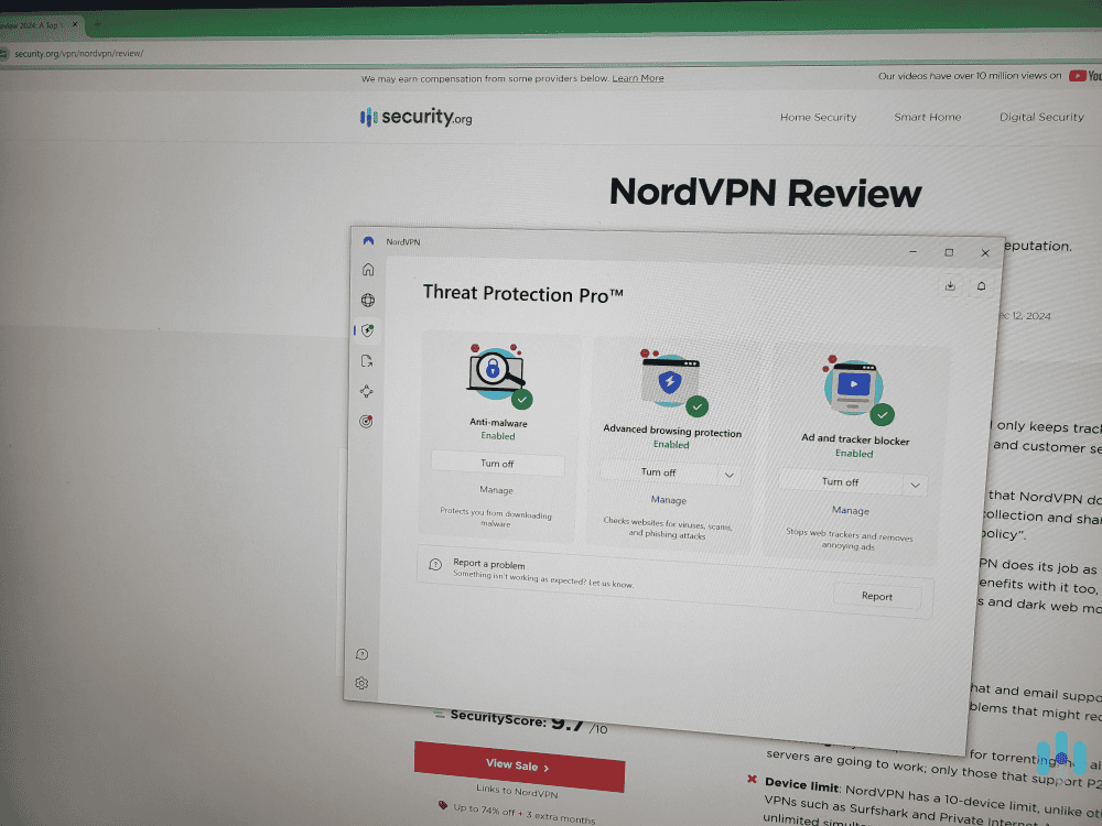NordVPN’s “Threat Protection Pro” protects against malicious P2P downloads and doesn’t require you to connect to the VPN to work. NordVPN's “Threat Protection Pro” protects against malicious P2P downloads and doesn't require you to connect to the VPN to work.