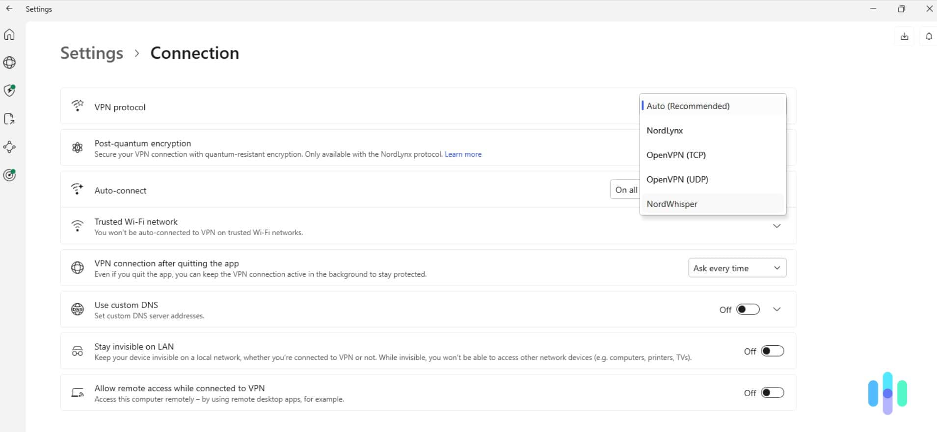 NordVPN’s Windows app let us choose between OpenVPN (TCP or UDP), NordLynx, and NordWhisper NordVPN’s Windows app let us choose between OpenVPN (TCP or UDP), NordLynx, and NordWhisper