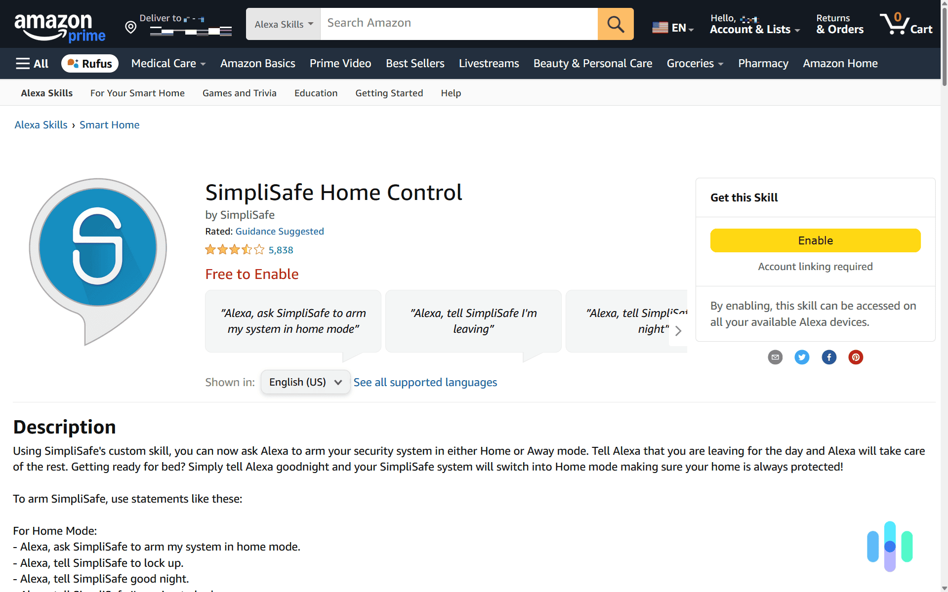 We enabled the Alexa Skill for our SimpliSafe security system on the Amazon website. We enabled the Alexa Skill for our SimpliSafe security system on the Amazon website.
