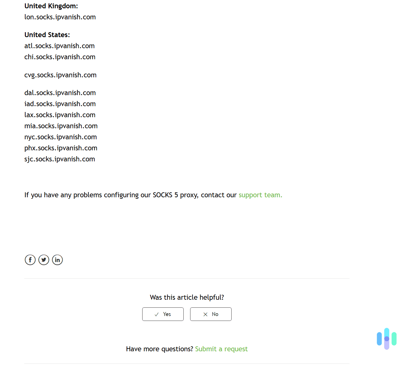 We counted a total of 10 SOCKS5 U.S. server locations when we tested IPVanish for this guide. We counted a total of 10 SOCKS5 U.S. server locations when we tested IPVanish for this guide.