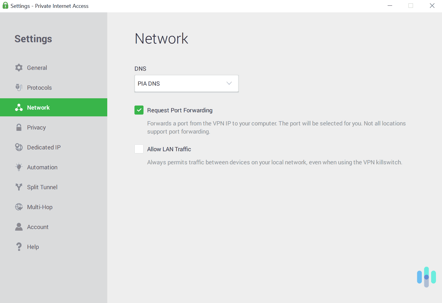We found it very easy to find and enable Private Internet Access_s port forwarding feature. We found it very easy to find and enable Private Internet Access's port forwarding feature.