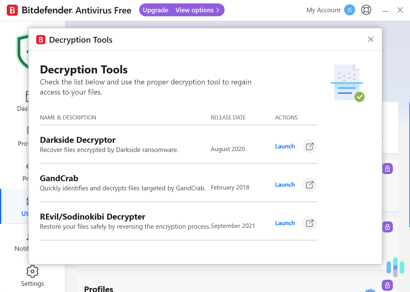 Bitdefender is one of the only free antiviruses providing access to ransomware decryption tools. Bitdefender is one of the only free antiviruses providing access to ransomware decryption tools.