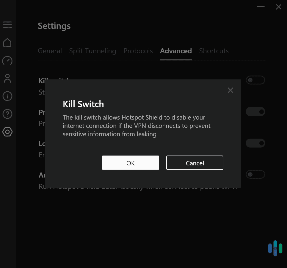 Hotspot Shield provides built-in access to a kill switch that protects you from traffic leaks. Hotspot Shield provides built-in access to a kill switch that protects you from traffic leaks.