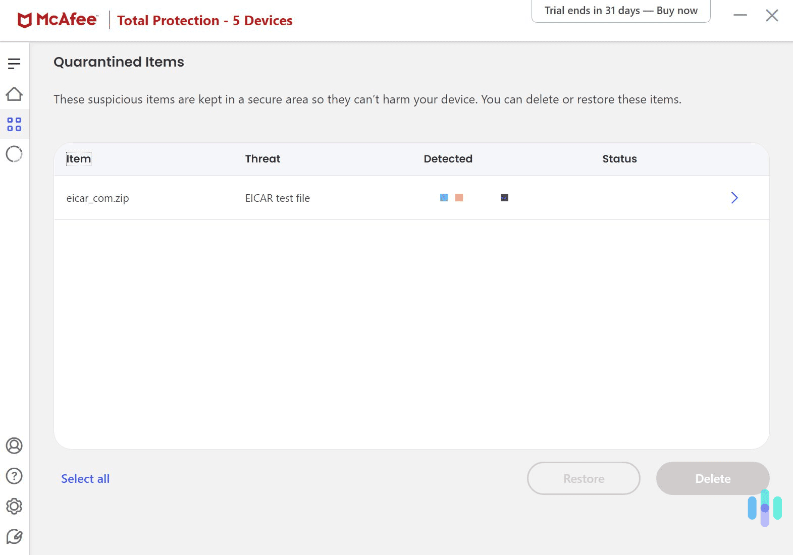 In our tests, McAfee instantly blocked all malware test file downloads, and it quarantined the files. In our tests, McAfee instantly blocked all malware test file downloads, and it quarantined the files.
