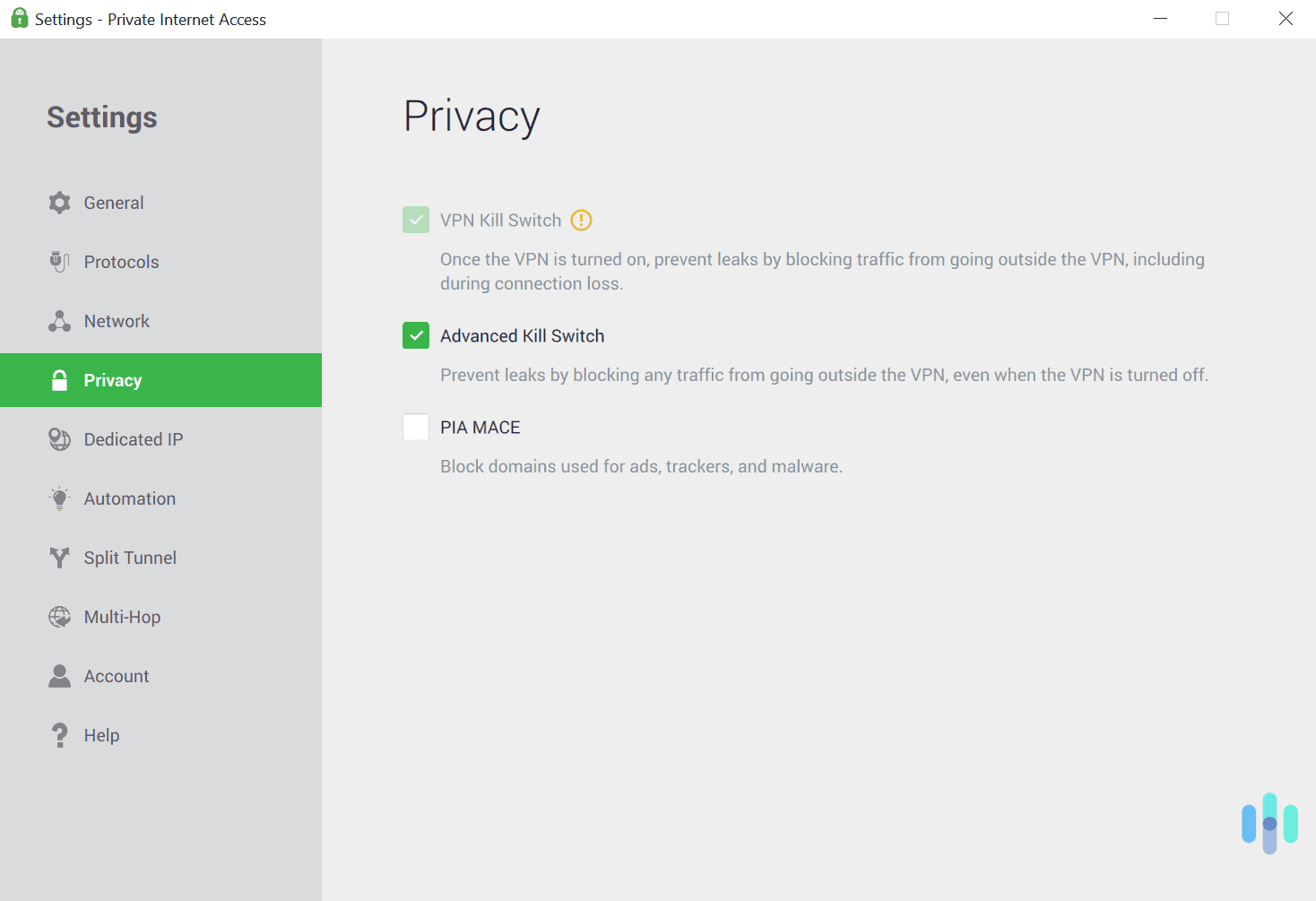 PIA provides built-in access to a standard system kill switch, as well as a more aggressive kill switch option. PIA provides built-in access to a standard system kill switch, as well as a more aggressive kill switch option.