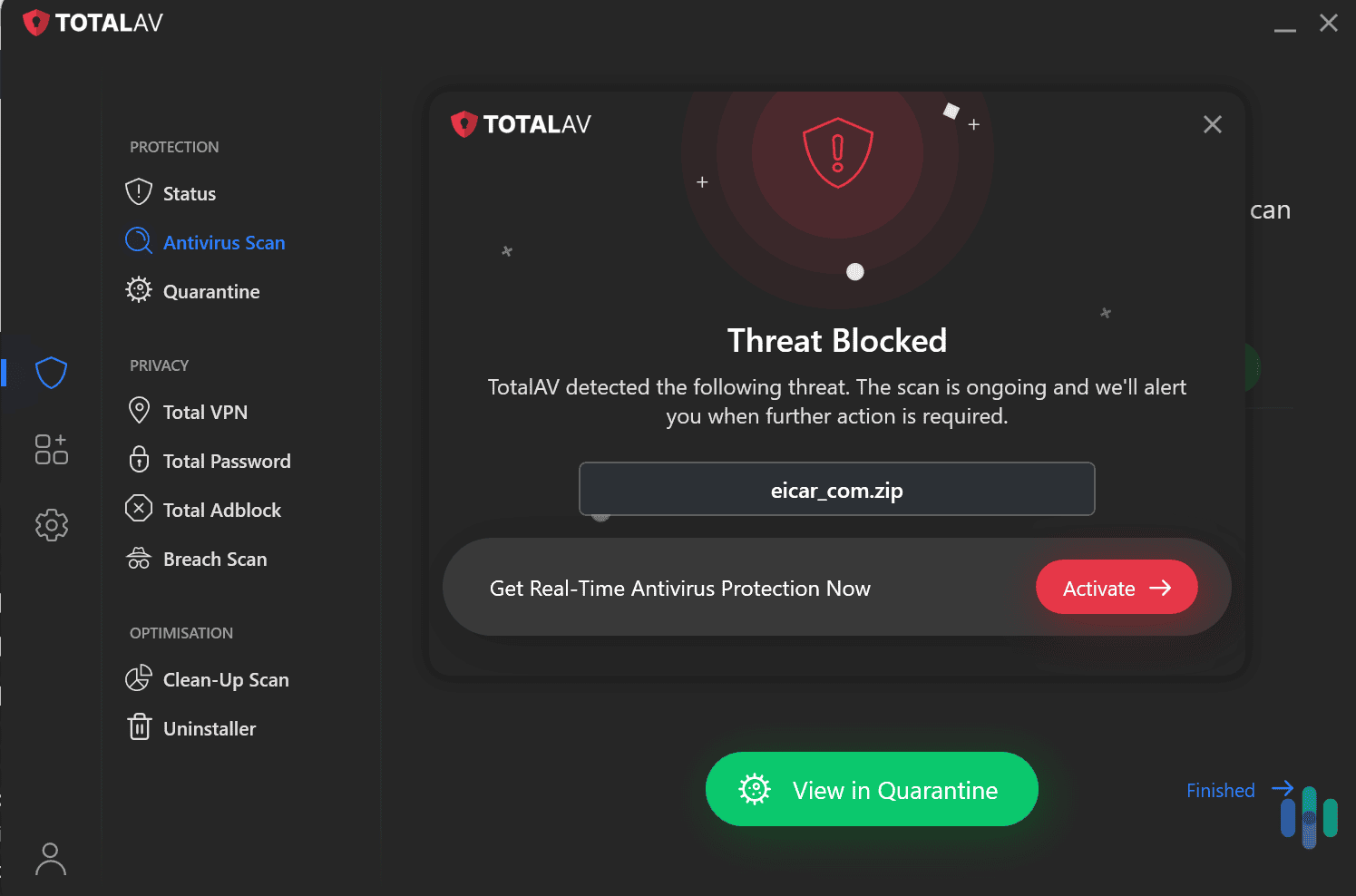 TotalAV’s free version was always able to detect the EICAR file in our tests. TotalAV's free version was always able to detect the EICAR file in our tests.