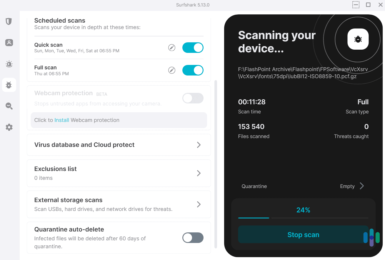 We didn’t notice any slowdowns on our office PC when we ran full scans with Surfshark. We didn't notice any slowdowns on our office PC when we ran full scans with Surfshark.