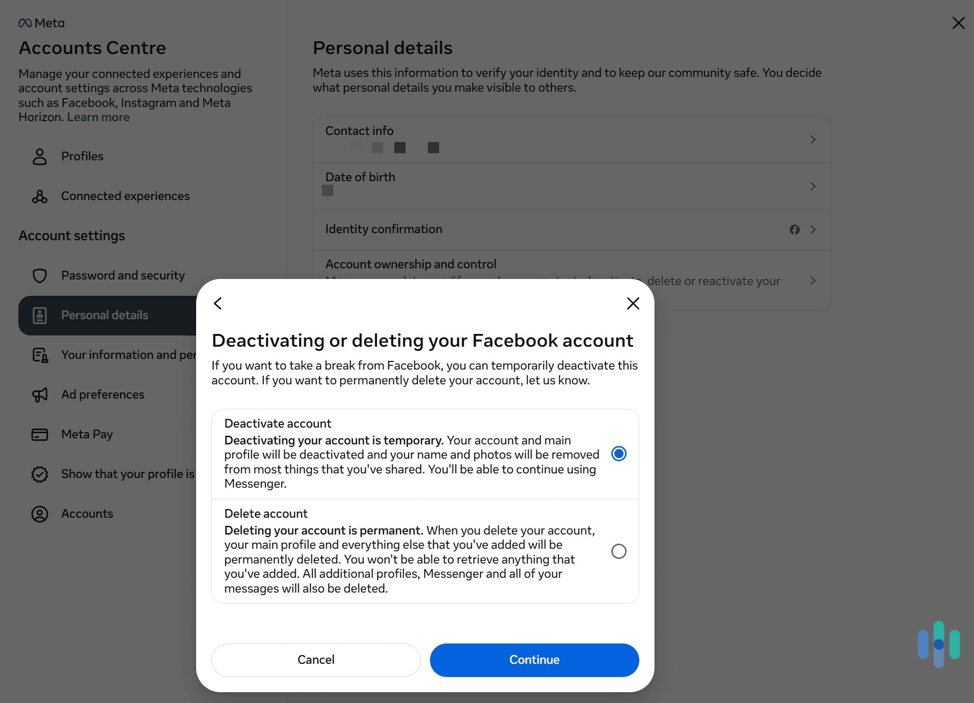 Just follow the same steps for deleting your Facebook account, but pick the account deactivation option. Just follow the same steps for deleting your Facebook account, but pick the account deactivation option.