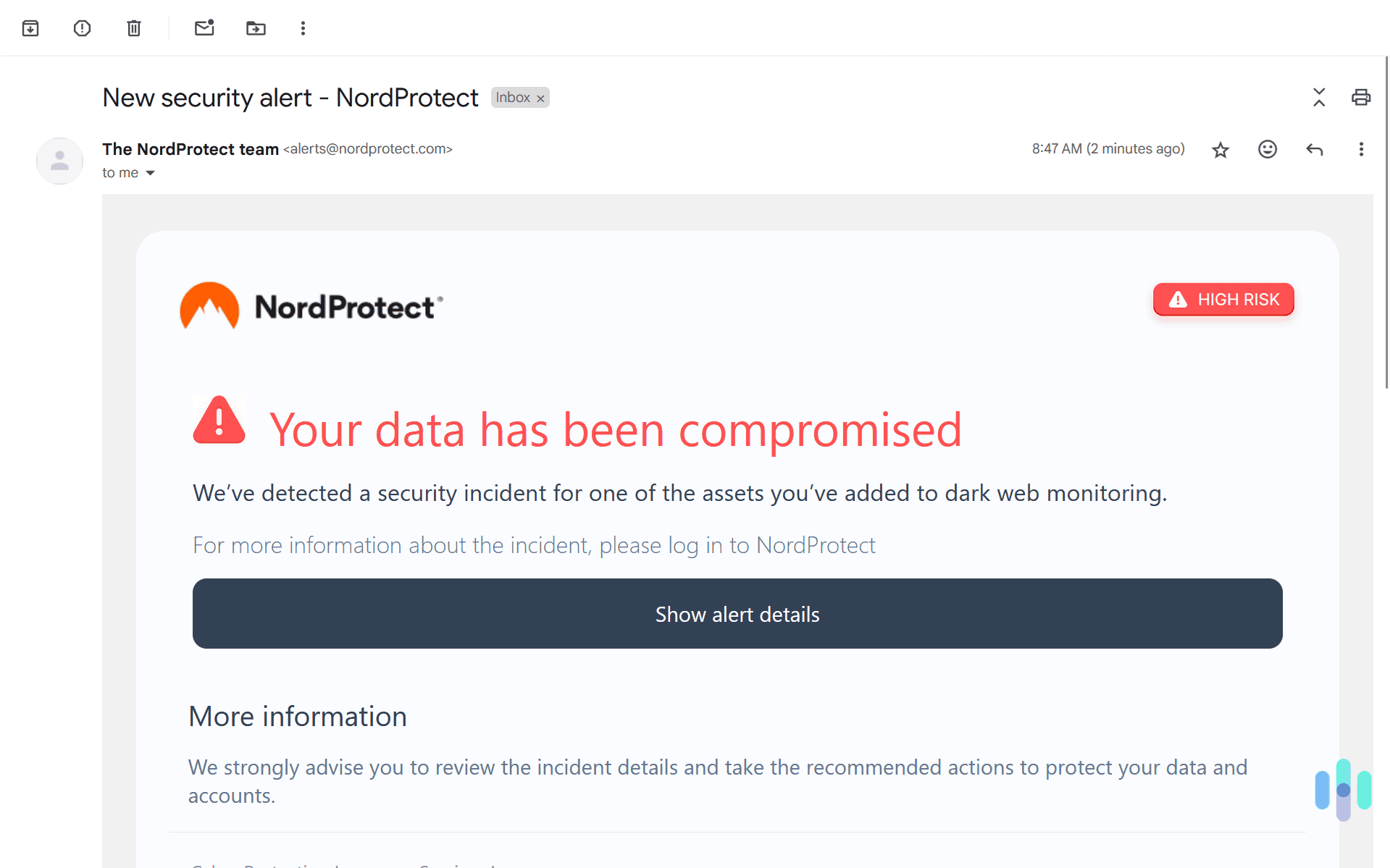 Here’s the email NordProtect sent us when our email address was found in a data breach. Here’s the email NordProtect sent us when our email address was found in a data breach.