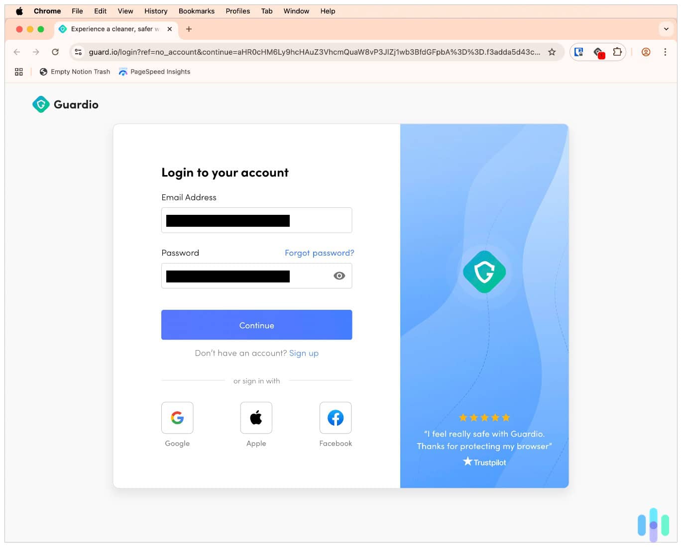 Logging into Guardio through the Chrome browser extension Logging into Guardio through the Chrome browser extension