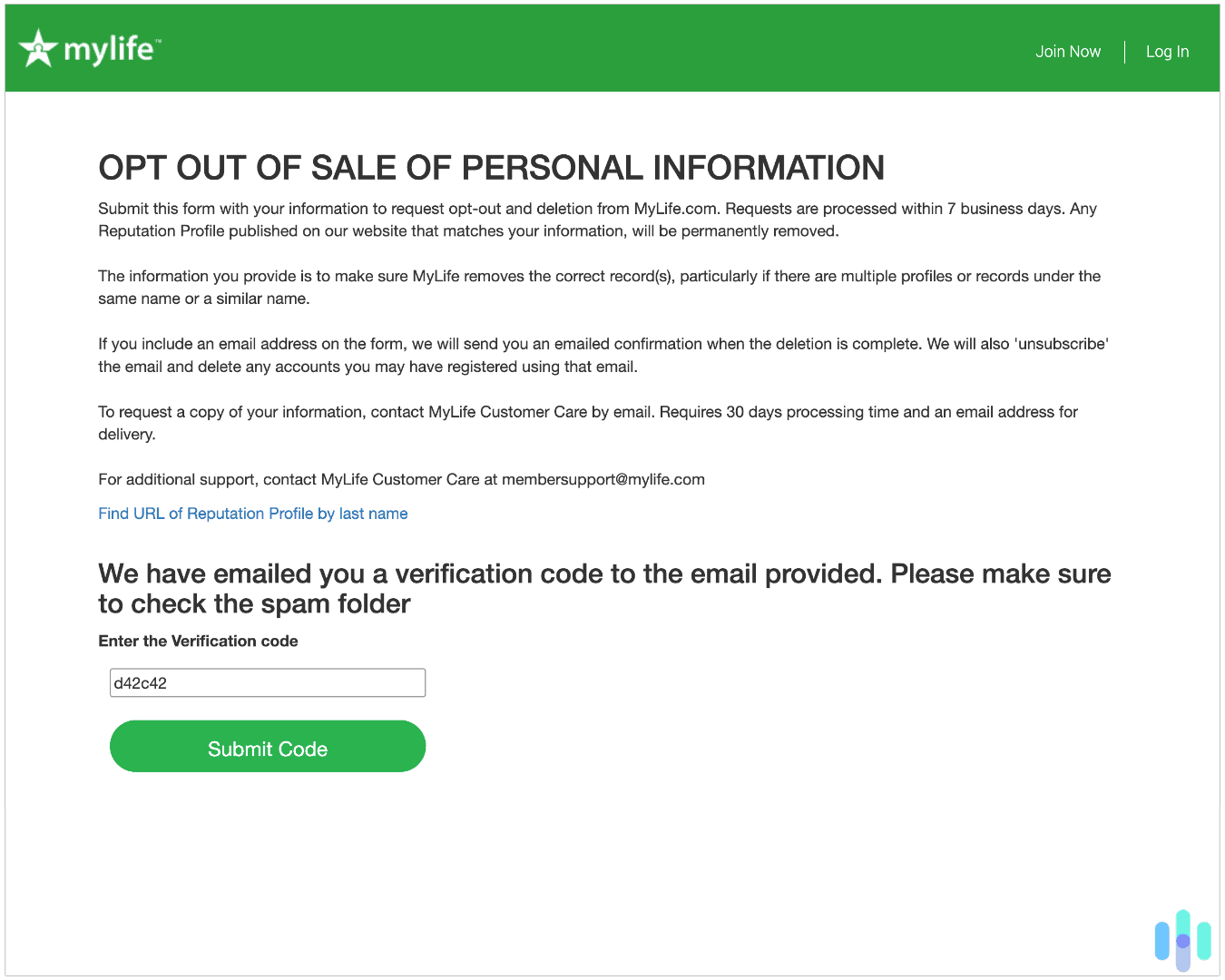 Entering the email verification code MyLife sent us to complete the process Entering the email verification code MyLife sent us to complete the process