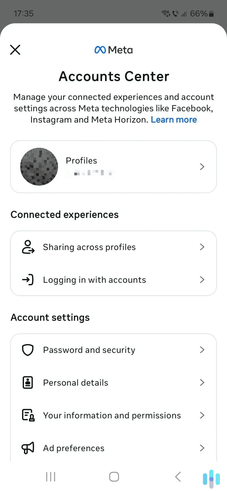 Access your information and permission settings. Access your information and permission settings.