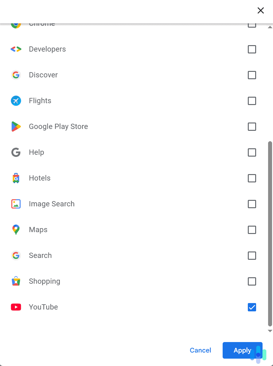 Use the filter menu to only show YouTube activity results. Use the filter menu to only show YouTube activity results.