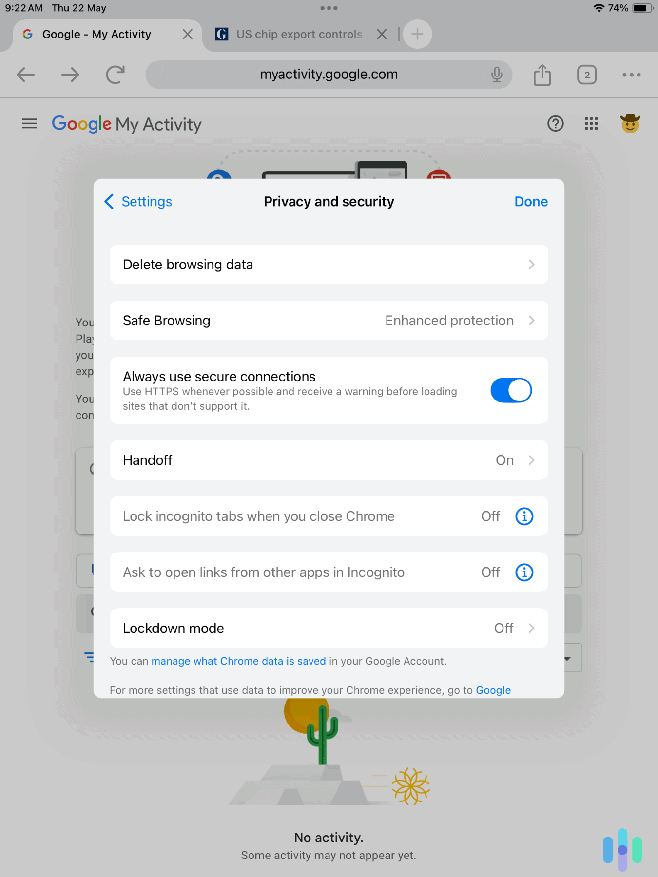 Toggling on HTTPS-only browsing in on Chrome’s iPad settings Toggling on HTTPS-only browsing in on Chrome’s iPad settings