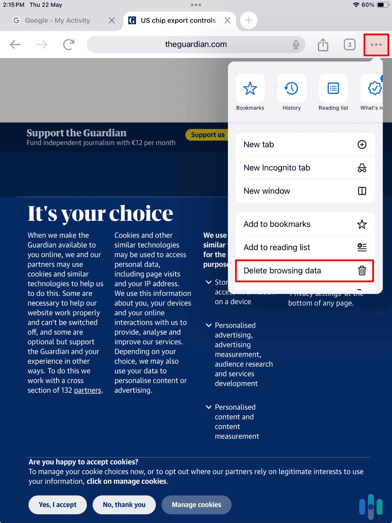 Locating Chrome’s Delete browsing data in the More menu on our iPad Locating Chrome’s Delete browsing data in the More menu on our iPad