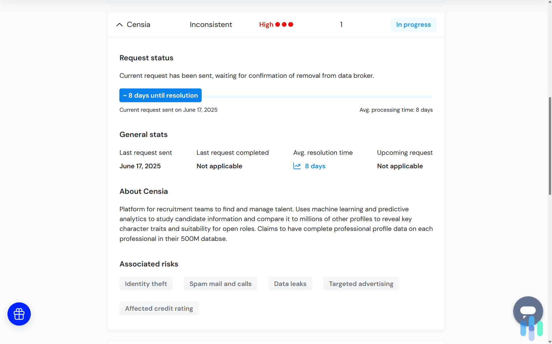 Incogni provided us with a detailed view of each removal request showing how long until our data will be removed Incogni provided us with a detailed view of each removal request showing how long until our data will be removed