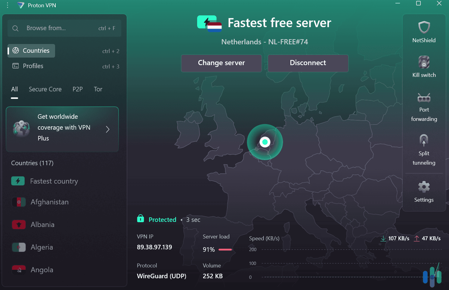 Proton VPN’s free plan allows unlimited data, making it ideal for long-term use. Proton VPN's free plan allows unlimited data, making it ideal for long-term use.