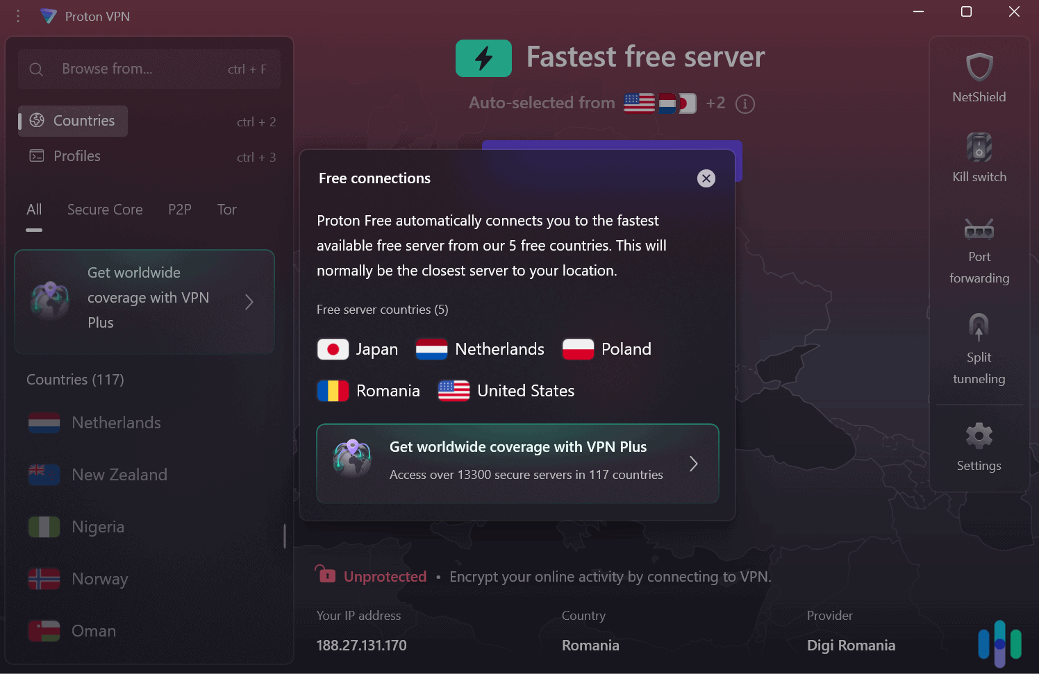 Proton VPN’s free version includes access to servers in the Netherlands. Proton VPN's free version includes access to servers in the Netherlands.