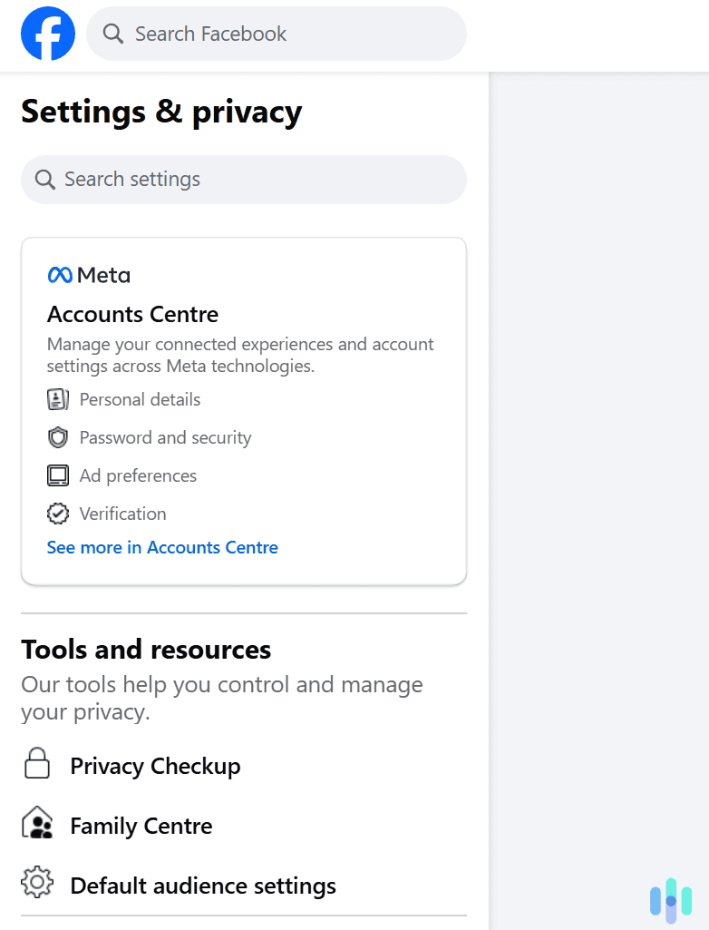 Select the Accounts Center tab. Select the Accounts Center tab.